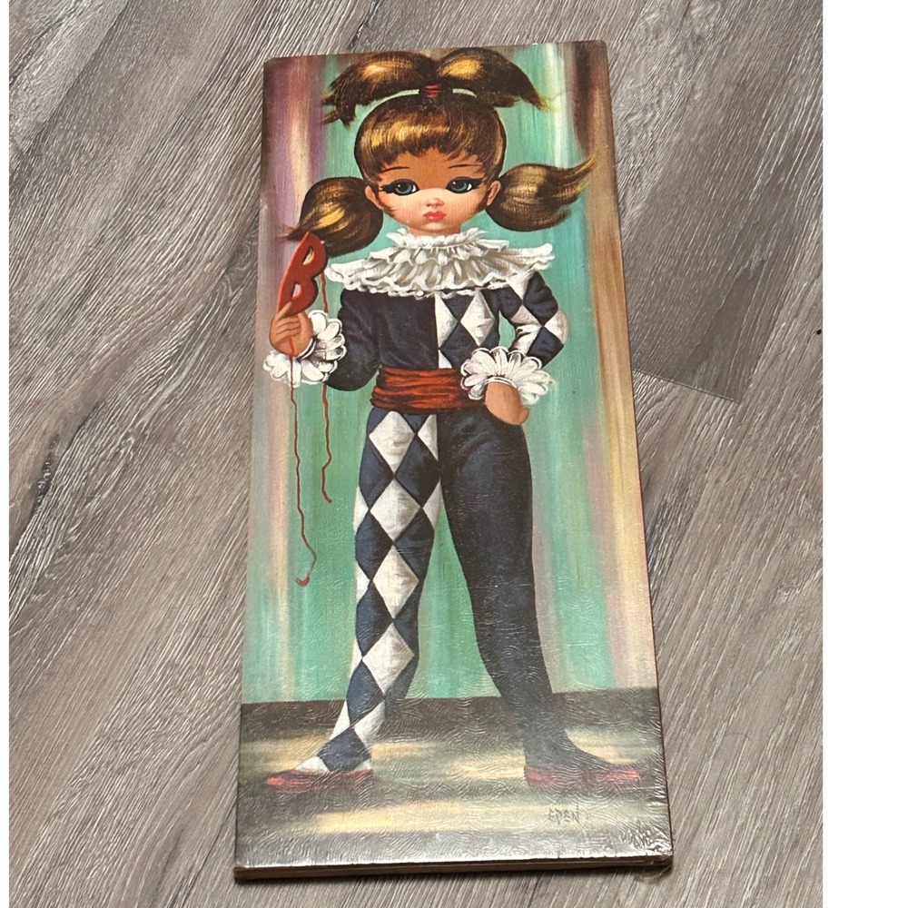 Vintage Eden Big Eye Harlequin Girl Wall Plaque Mid Century Art 20x8 Deadstock